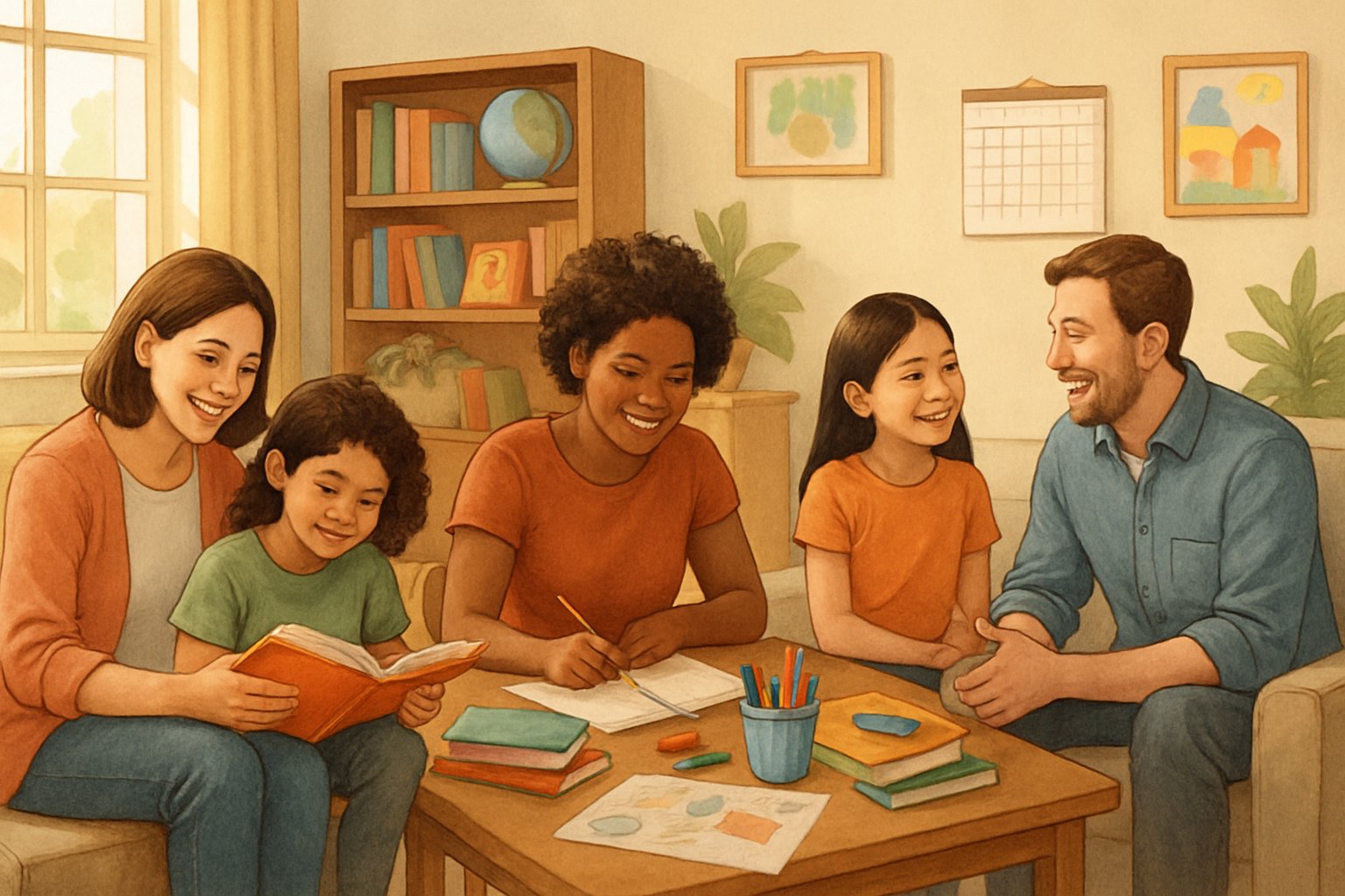 A group of parents and children interacting and learning together in a bright, cozy room filled with books and educational materials.