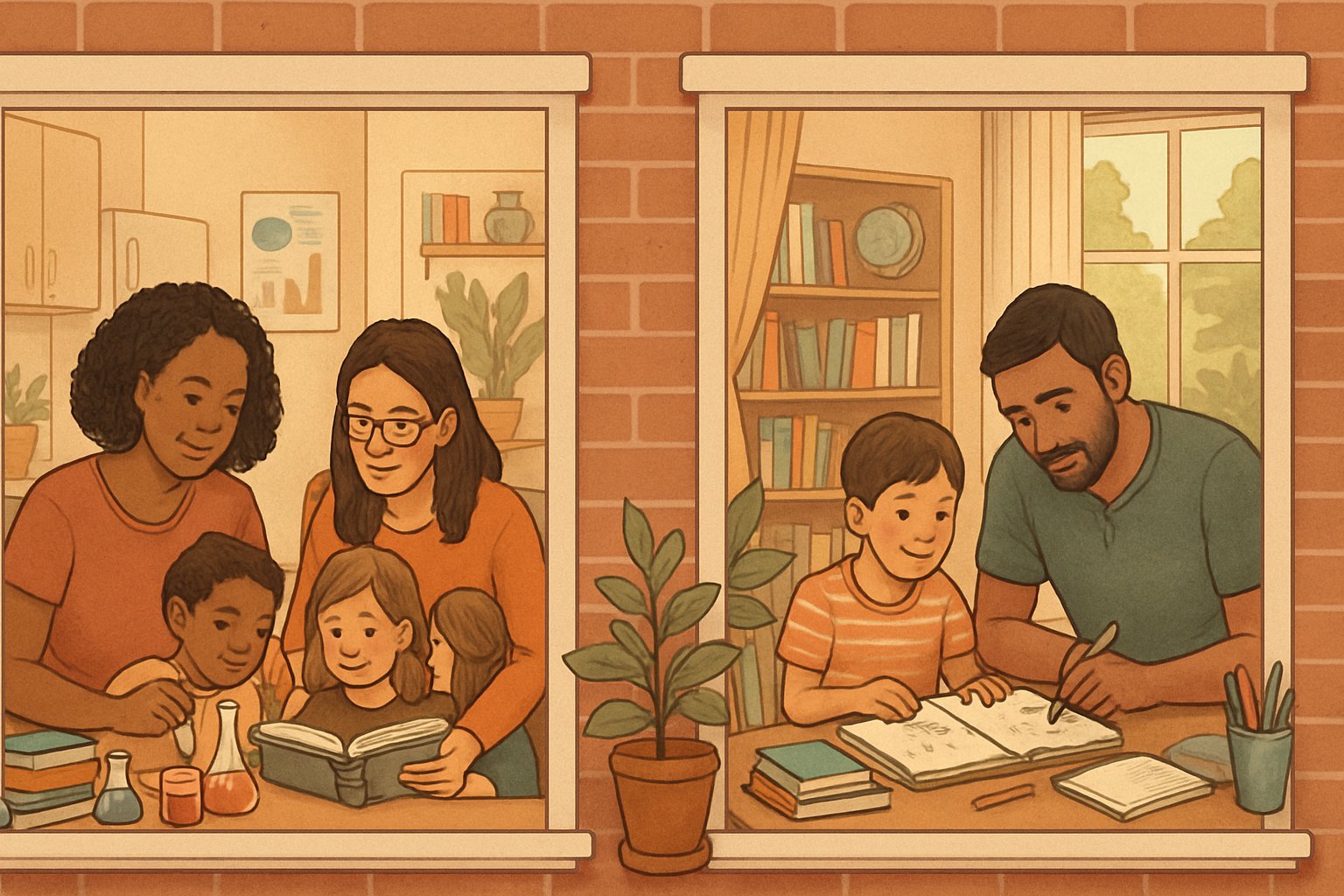 Multiple homeschooling families in their homes, with parents and children engaged in various learning activities like reading, science experiments, and homework.