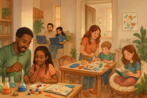 Multiple families in different home settings engaged in various homeschooling activities like science experiments, art projects, reading, digital learning, and outdoor exploration.