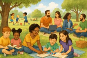 Several diverse homeschooling families spending time together in a park, with children playing and learning while parents interact nearby.