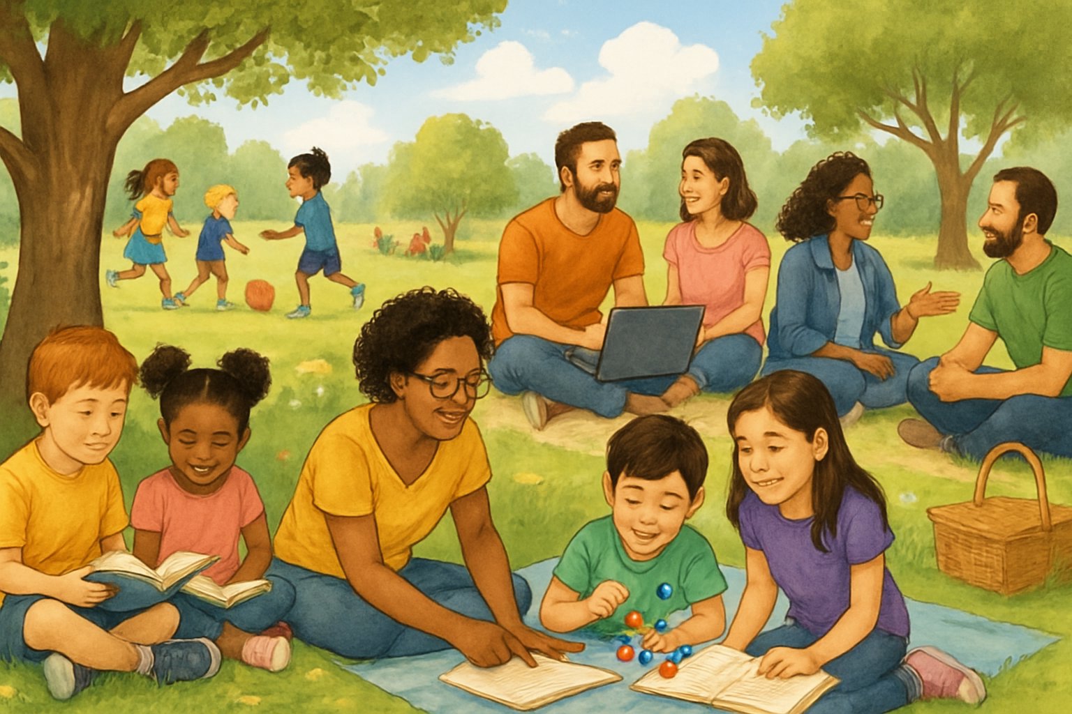 Several diverse homeschooling families spending time together in a park, with children playing and learning while parents interact nearby.