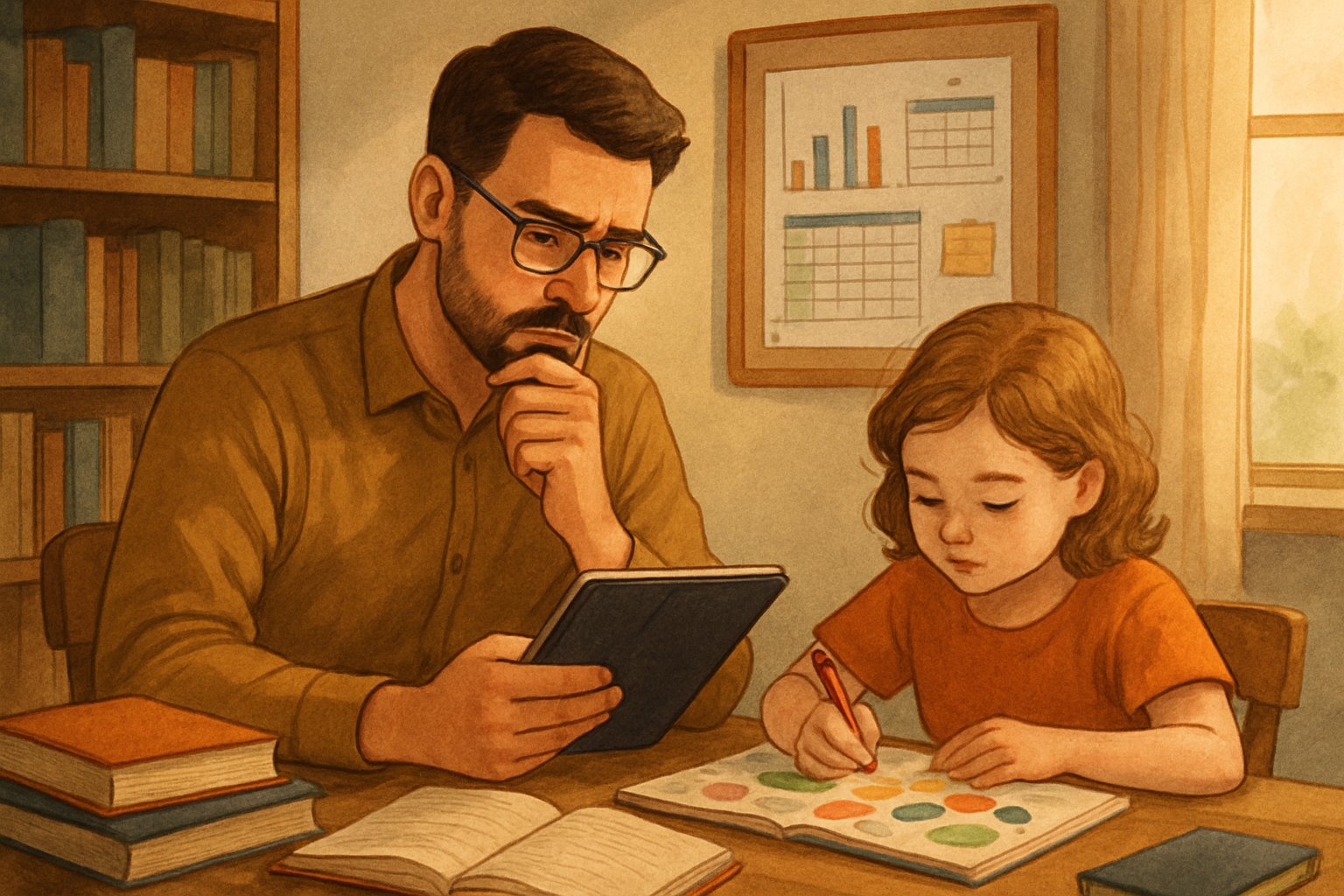 A parent and child sitting together at a home study area with books and learning materials, focusing on planning and studying.