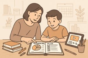 A parent and child reviewing a homeschool plan together at a desk surrounded by books and learning materials in a cozy study area.