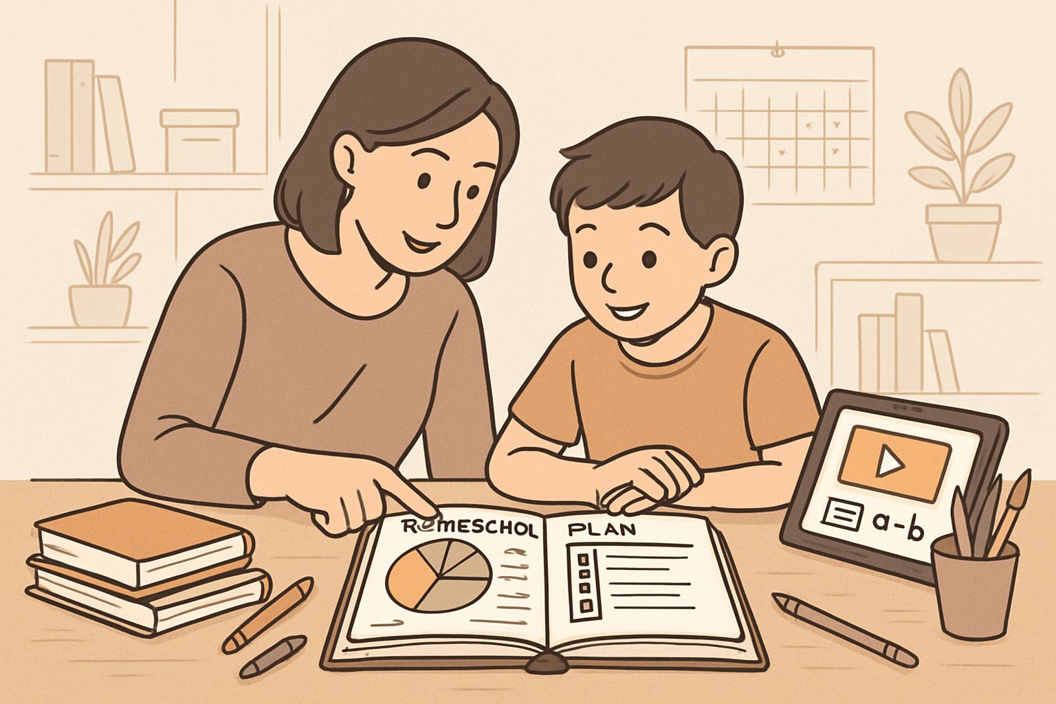 A parent and child reviewing a homeschool plan together at a desk surrounded by books and learning materials in a cozy study area.