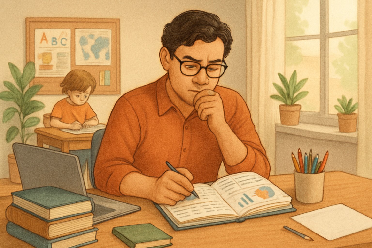 A parent reviewing notes at a desk while a child engages in a learning activity nearby in a bright, organized room.