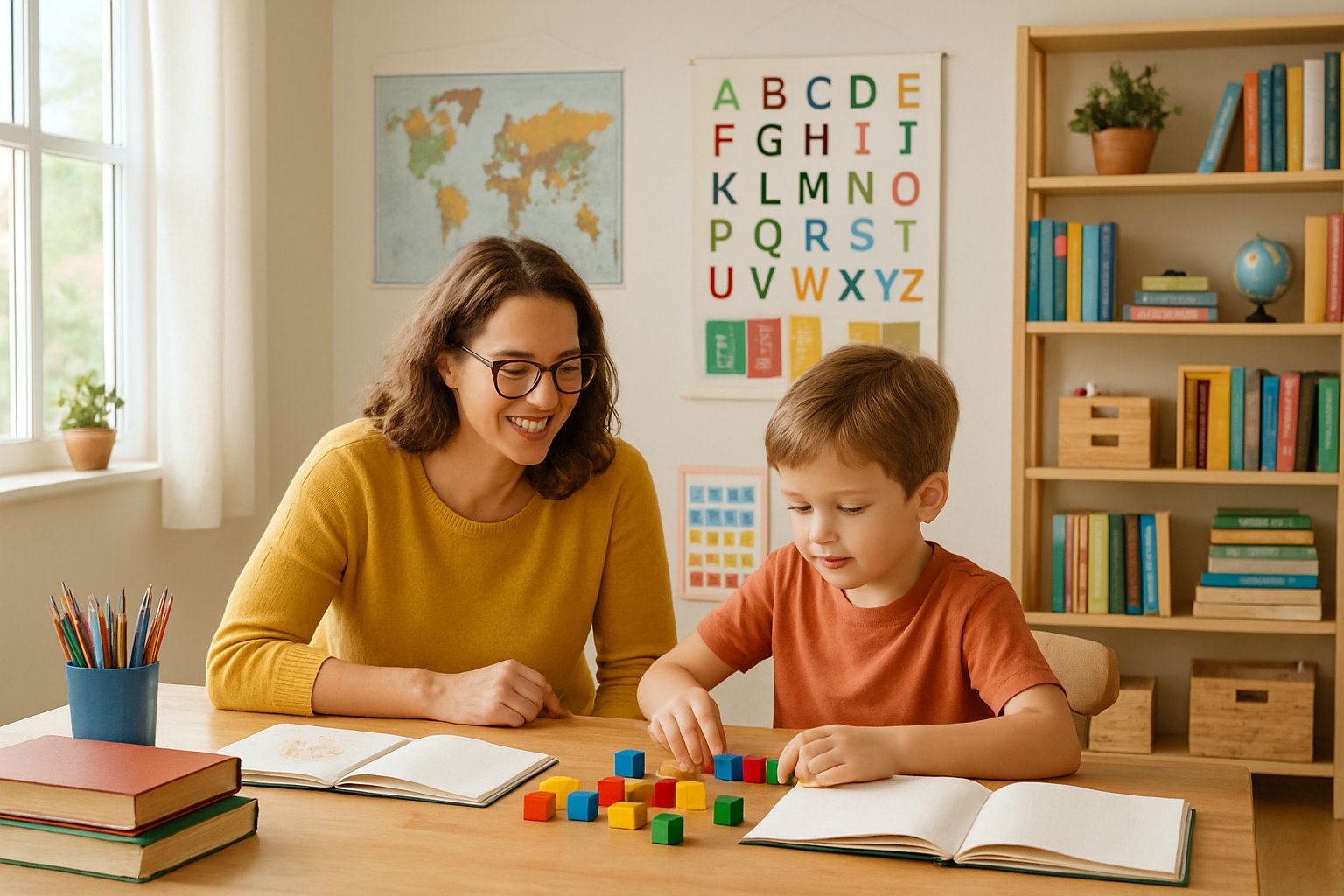 A parent and child sitting at a table with learning materials, engaged in a homeschooling activity tailored to the child's needs.