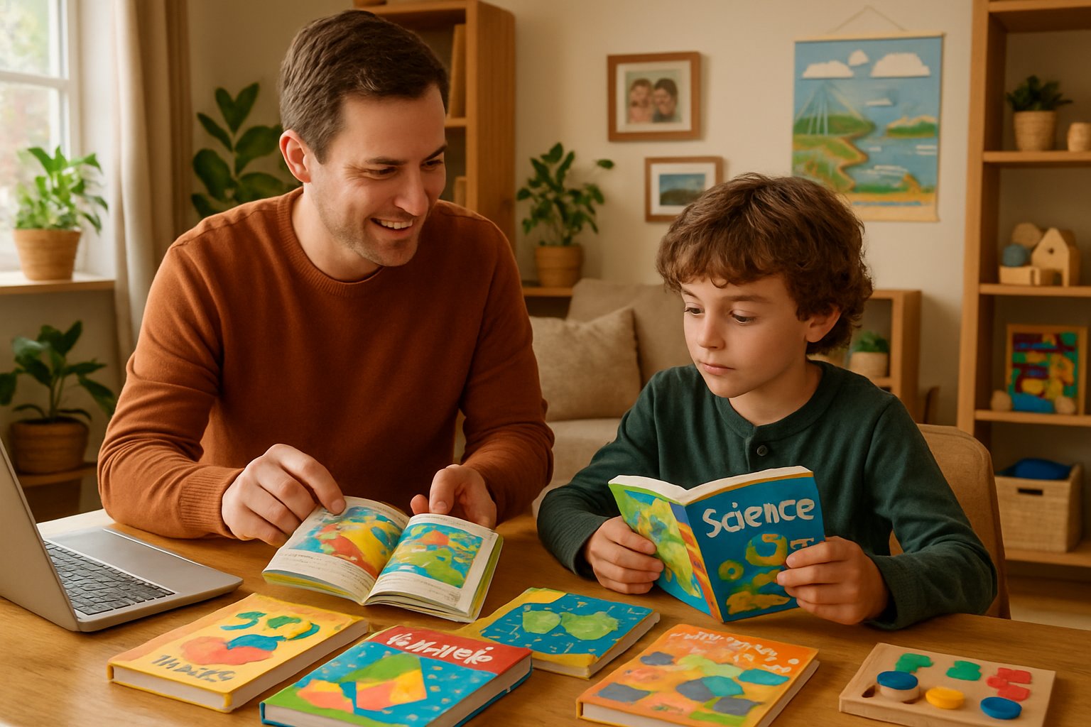 A parent and child in a cozy room looking at homeschool curriculum books together, surrounded by educational materials and learning tools.