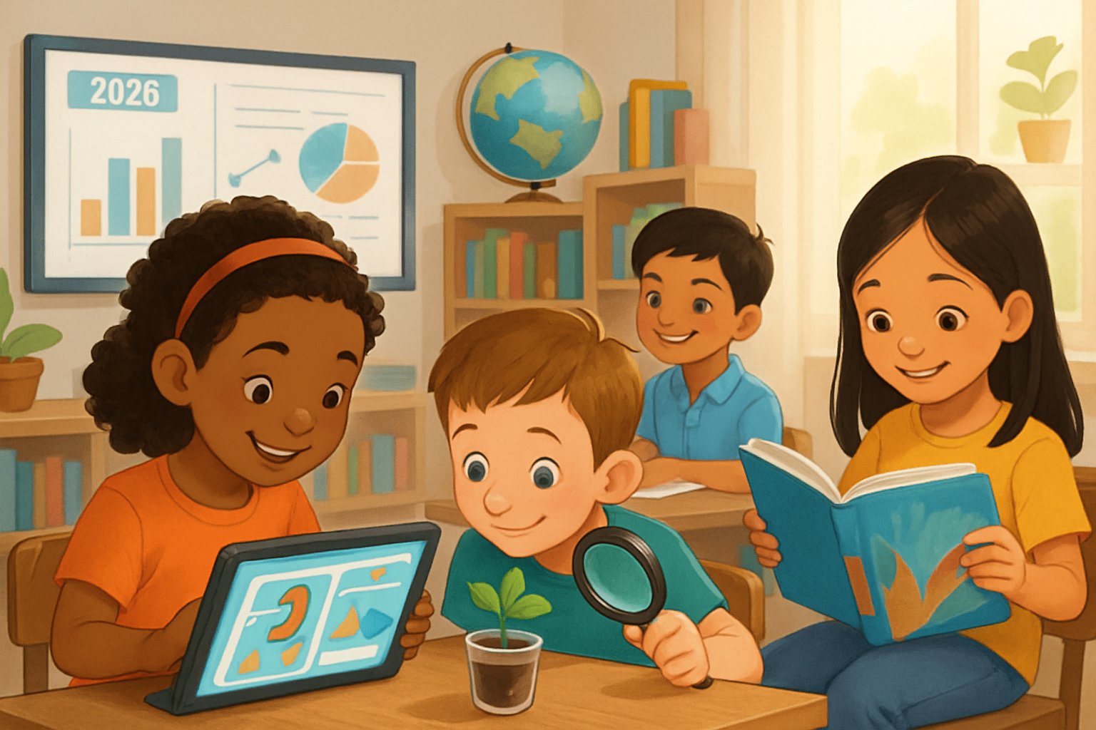 Children learning at home using books, tablets, and science experiments in a bright, organized classroom setting.