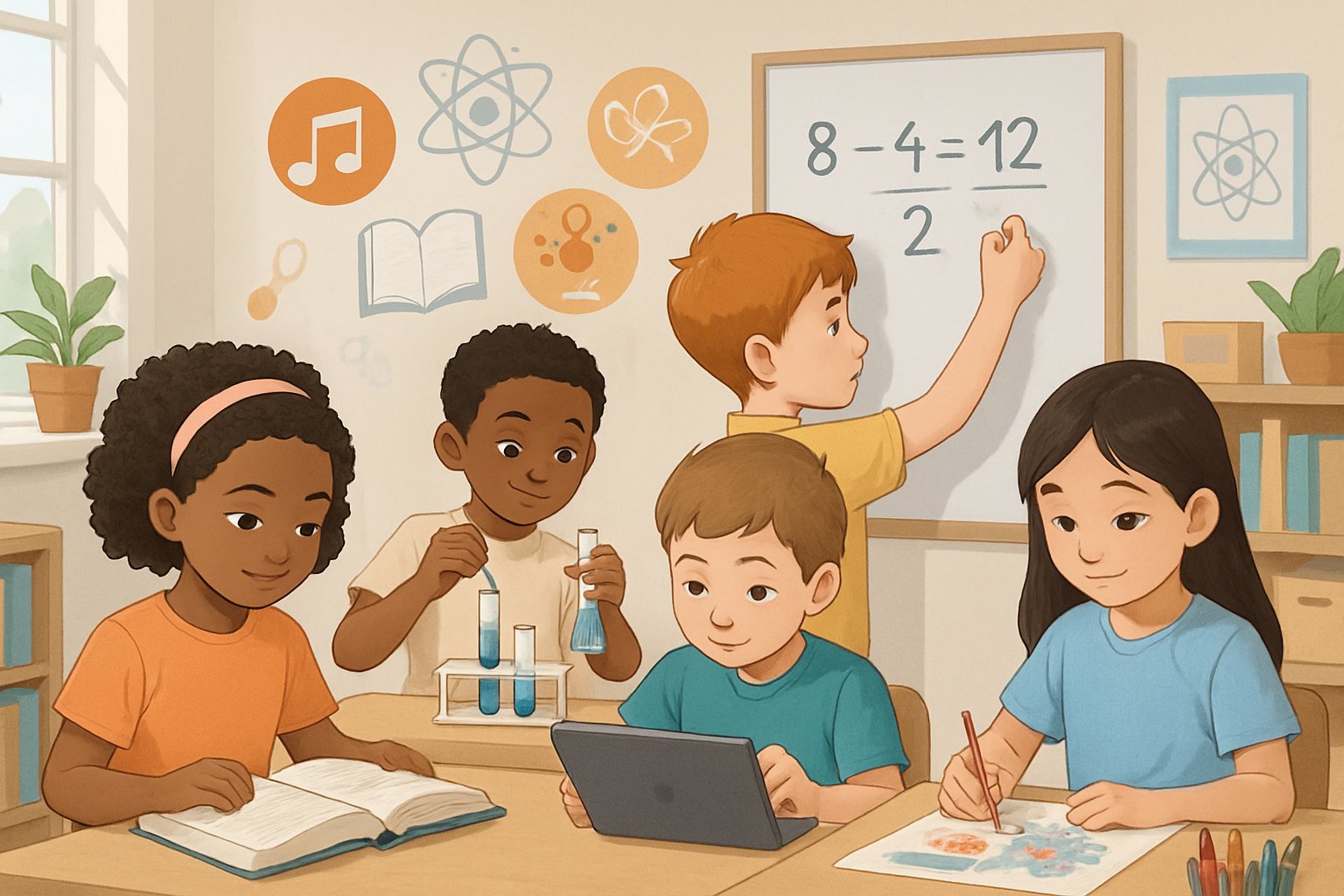 A group of elementary students learning together in a bright homeschool classroom, engaged in reading, math, science, and art activities.