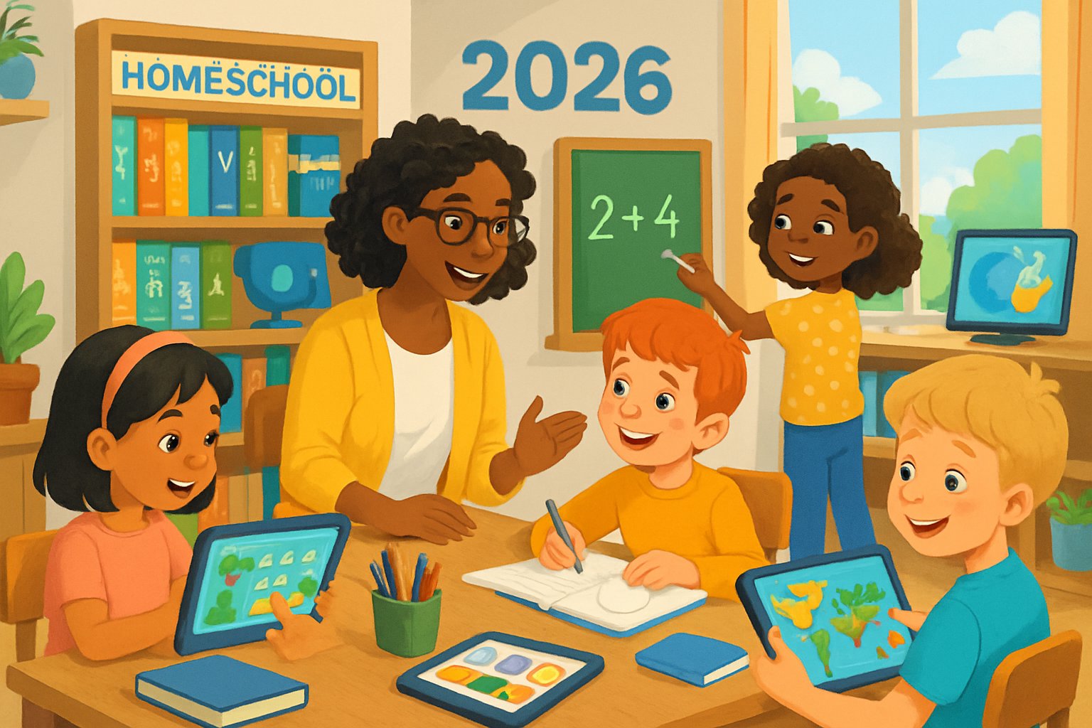 Children learning together in a bright home classroom with a parent guiding them and educational materials around.