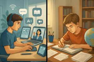 A split scene showing a student learning online with a laptop and digital tools on one side, and a student studying with books and notebooks in a traditional homeschool setting on the other side.