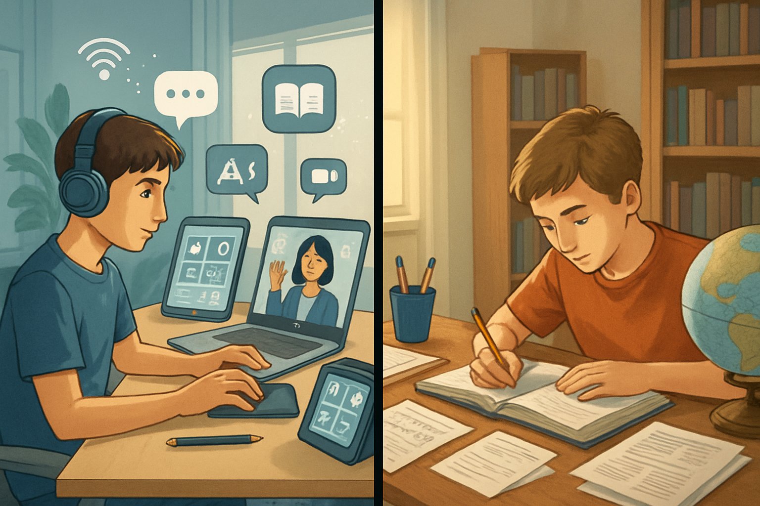 A split scene showing a student learning online with a laptop and digital tools on one side, and a student studying with books and notebooks in a traditional homeschool setting on the other side.