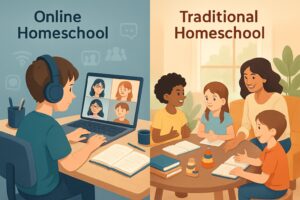 A child learning online through a laptop video call on one side, and a child interacting in a small in-person homeschool group on the other side.