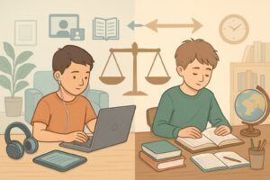 A child learning online with a laptop on one side and a child studying with books at a desk on the other, illustrating the comparison between online and traditional homeschool curriculums.