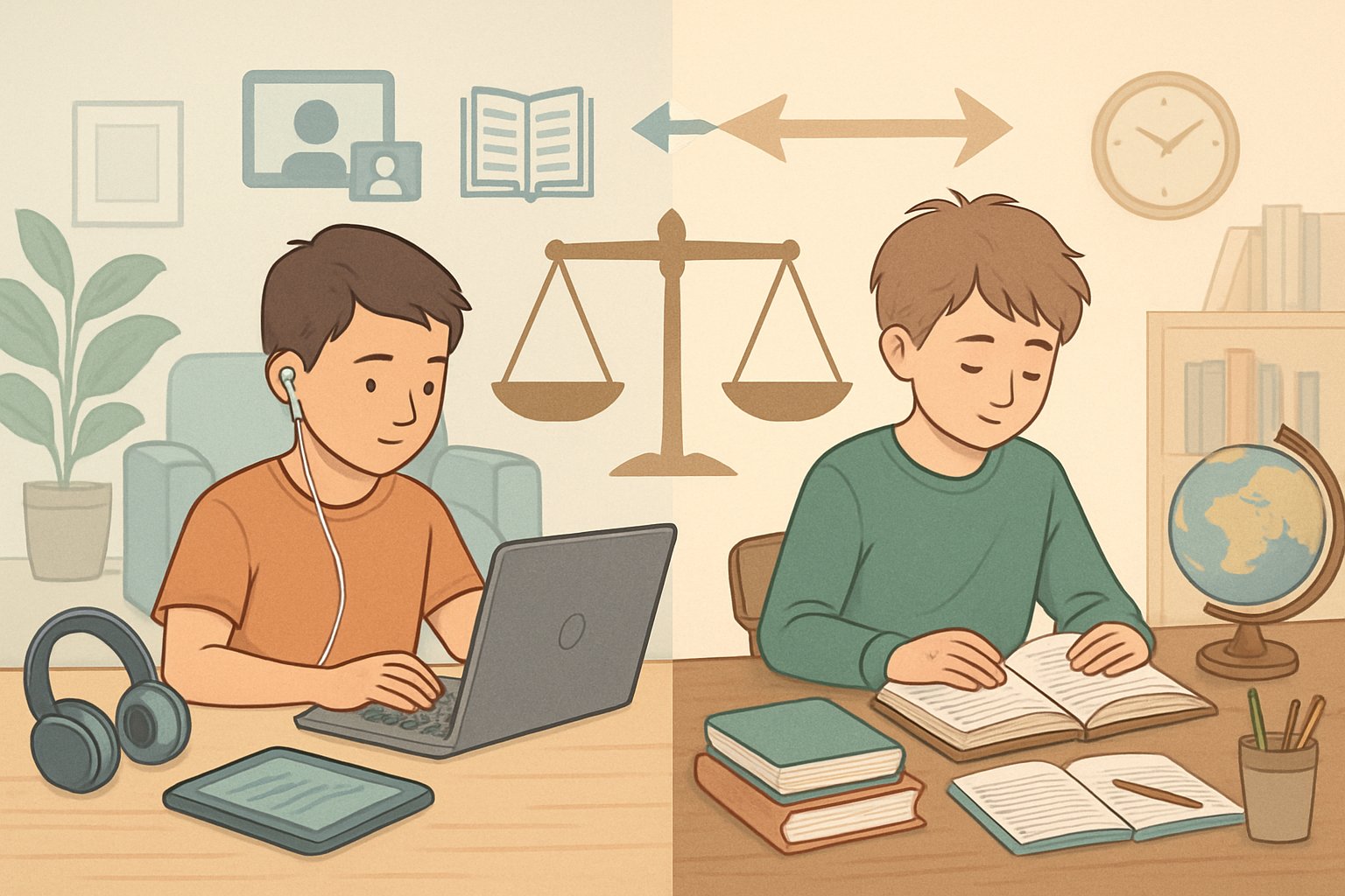 A child learning online with a laptop on one side and a child studying with books at a desk on the other, illustrating the comparison between online and traditional homeschool curriculums.