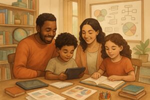 A family of four gathered around a table with educational materials, engaged in learning activities together in a home study area.