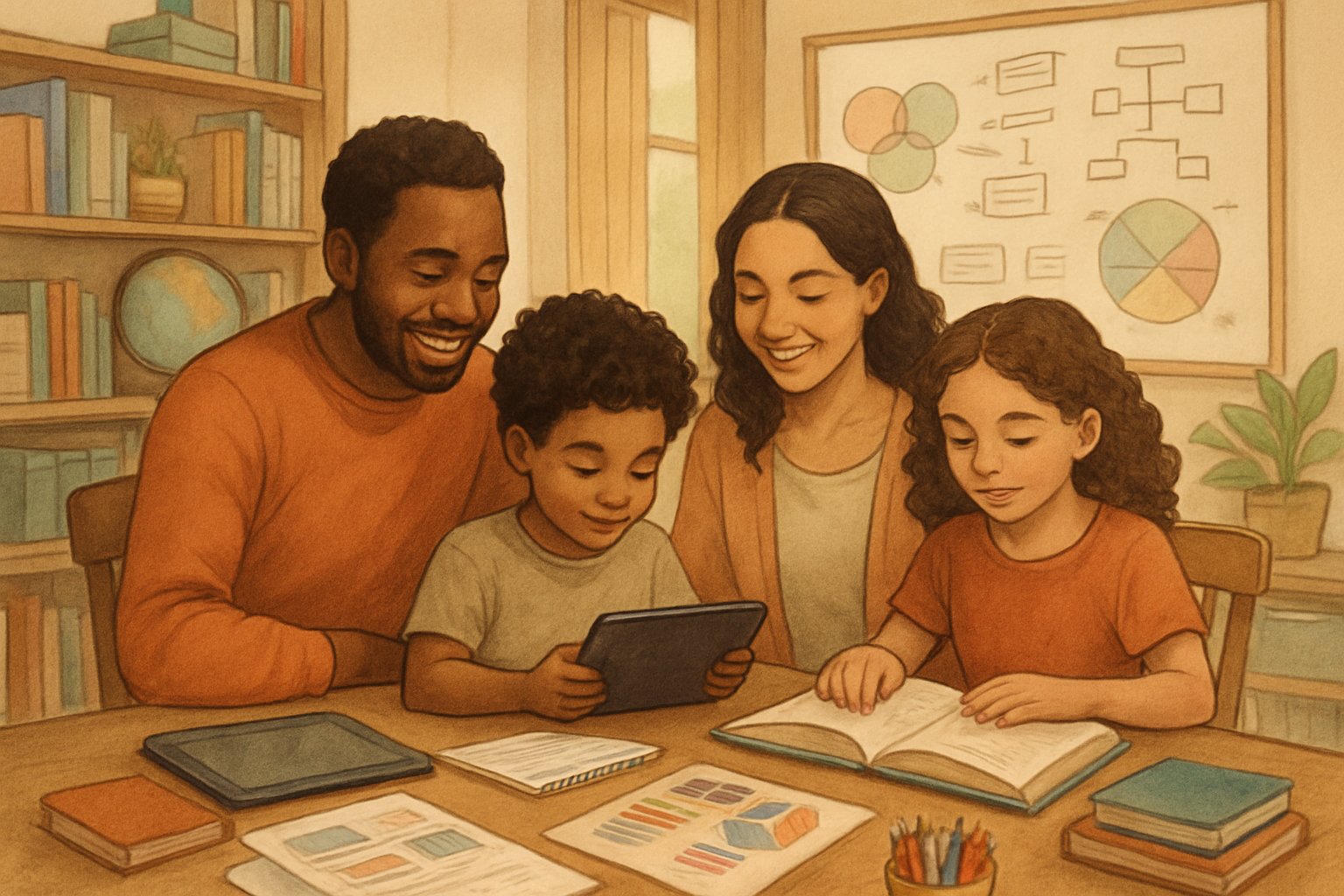 A family of four gathered around a table with educational materials, engaged in learning activities together in a home study area.