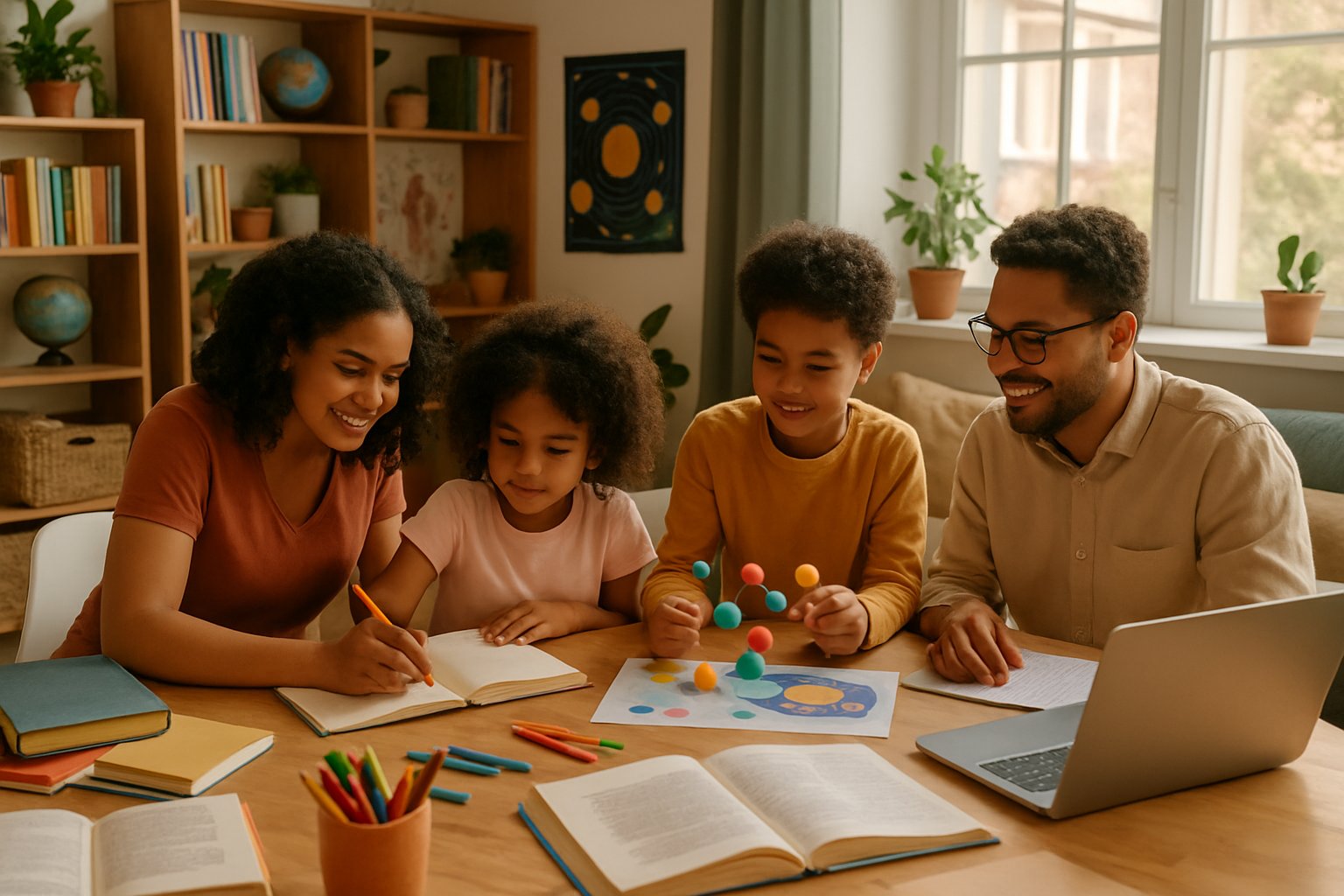 A family working together at a table with books, art supplies, and a laptop in a cozy home learning space.