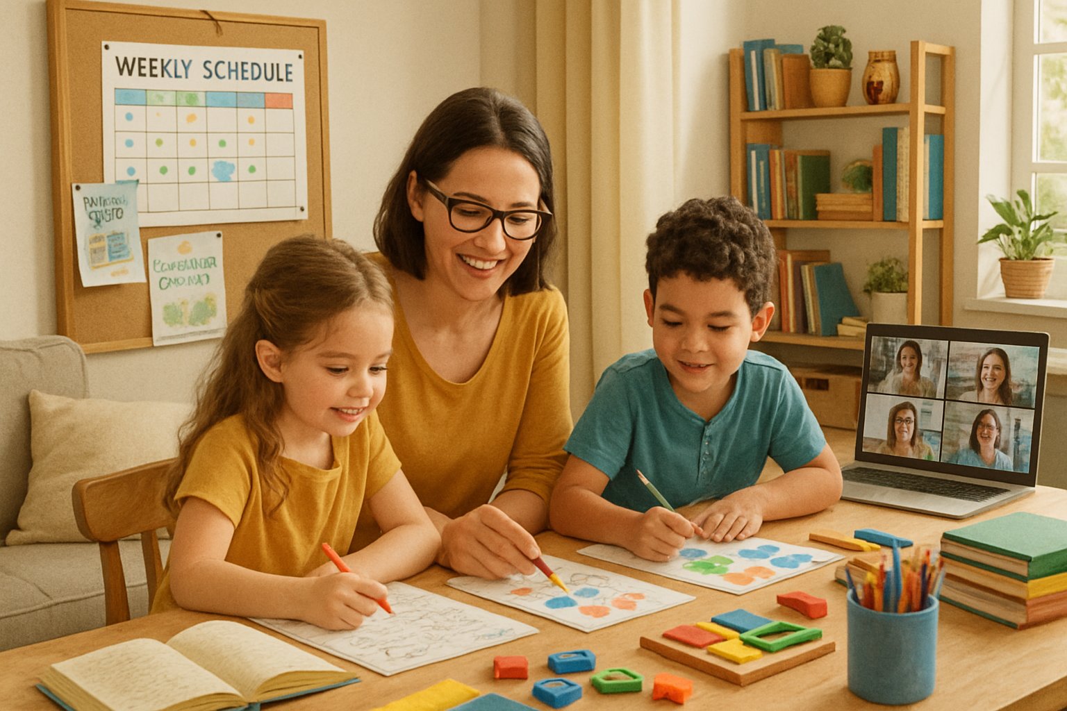 A parent and two children doing a learning activity together at a table with educational materials, with a laptop showing a video call and a bulletin board displaying schedules and community event flyers in the background.
