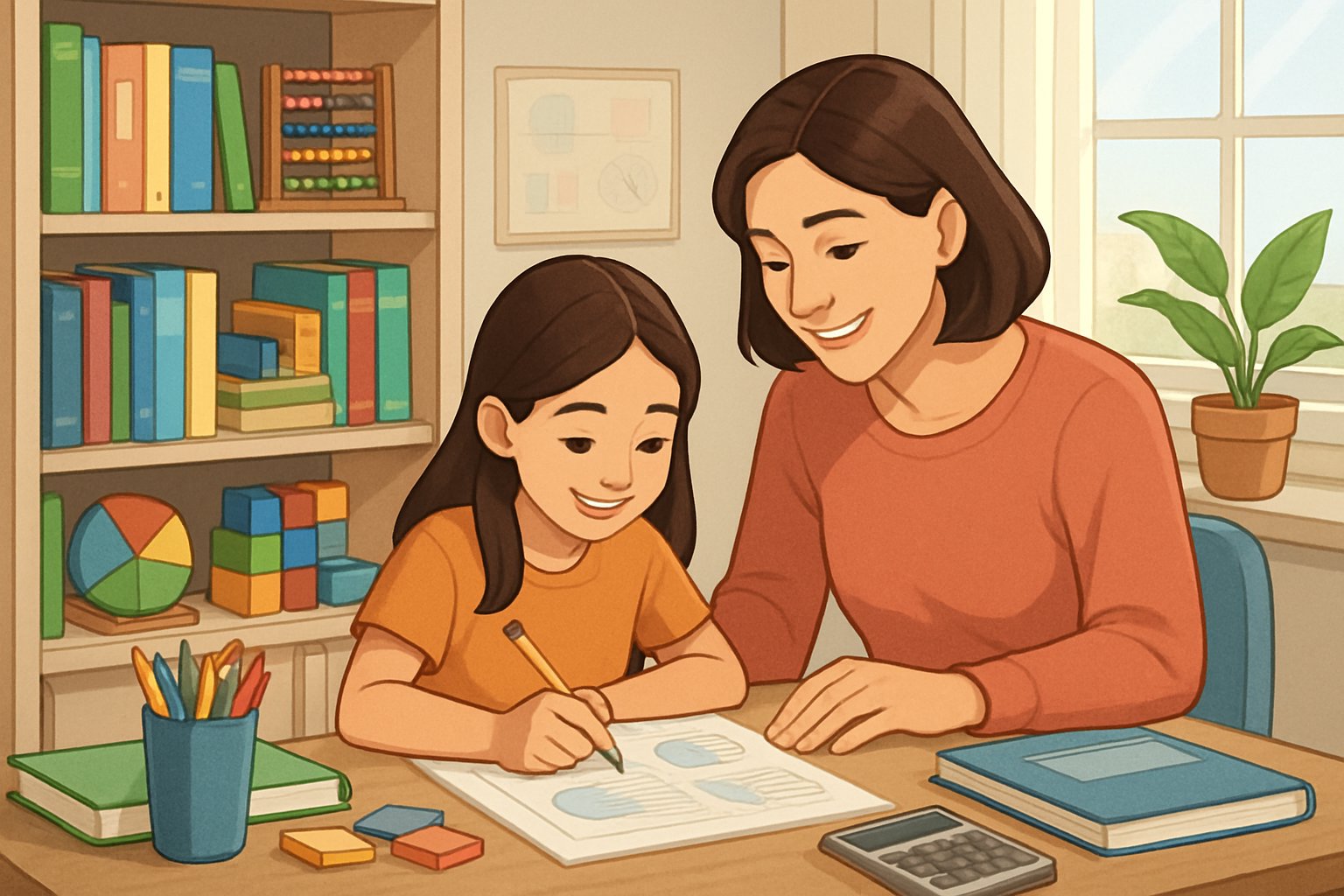 A parent and child studying together at a desk surrounded by books and learning materials in a bright, organized homeschool room.