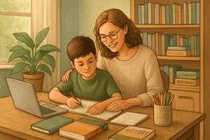 A parent and child studying together at a table surrounded by books and learning materials in a bright, organized homeschooling room.