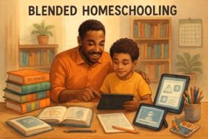A parent and child learning together at a table with books, tablets, and educational materials in a cozy home setting.