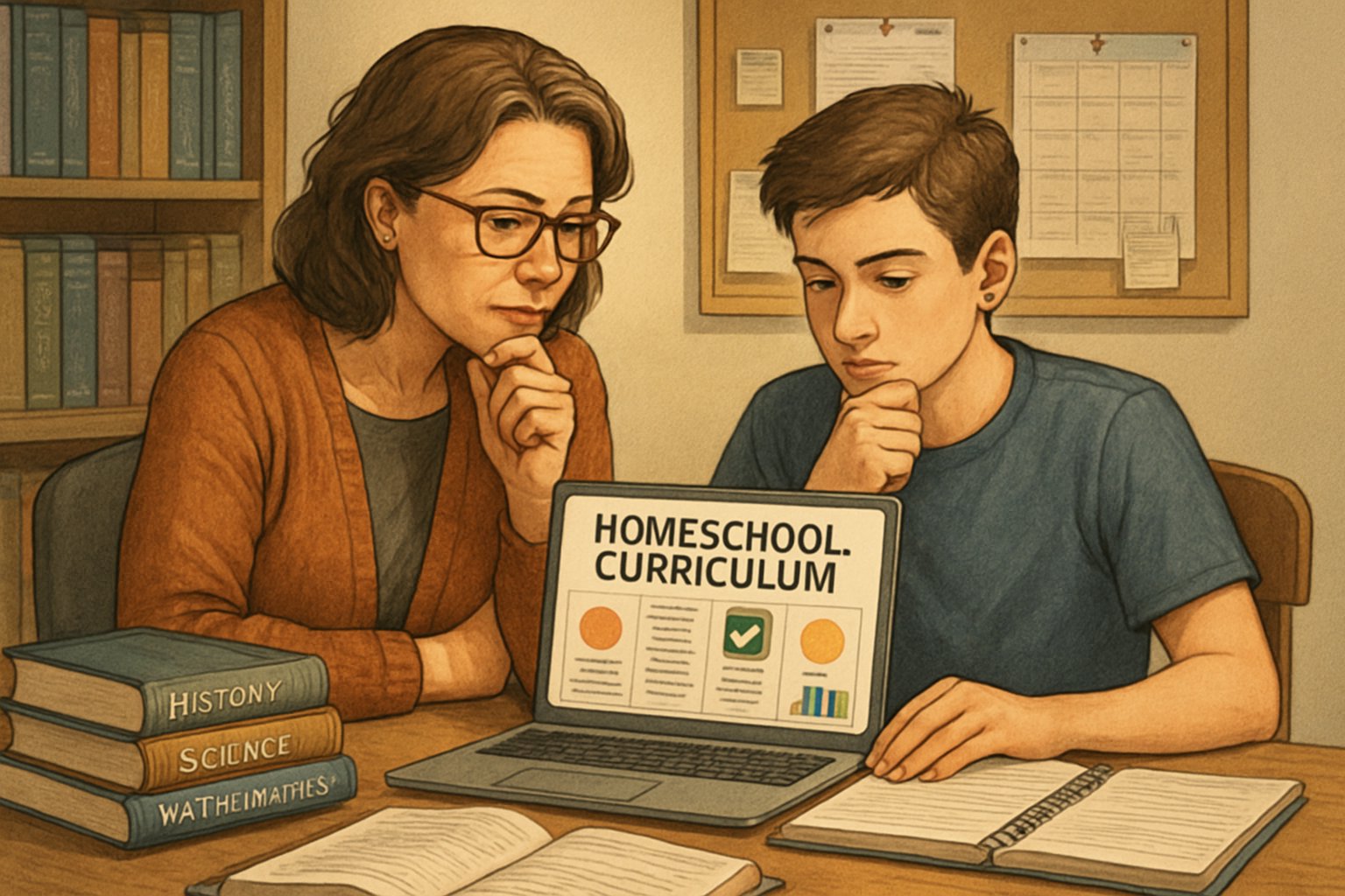 A parent and high school student sitting at a desk surrounded by books, a laptop, and charts, reviewing homeschool curriculum options together.