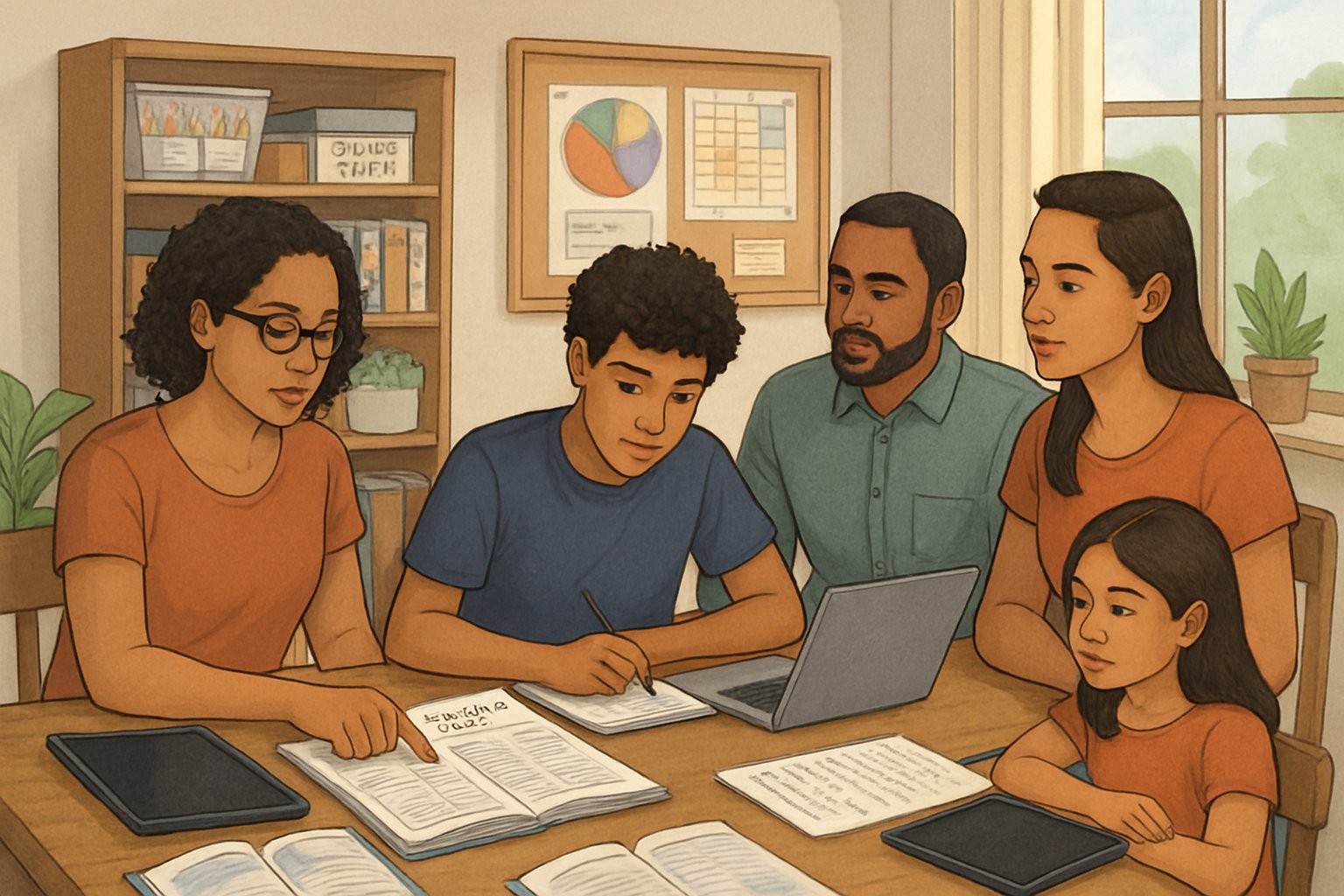 A family working together at a table with educational materials and organized shelves in a bright room.