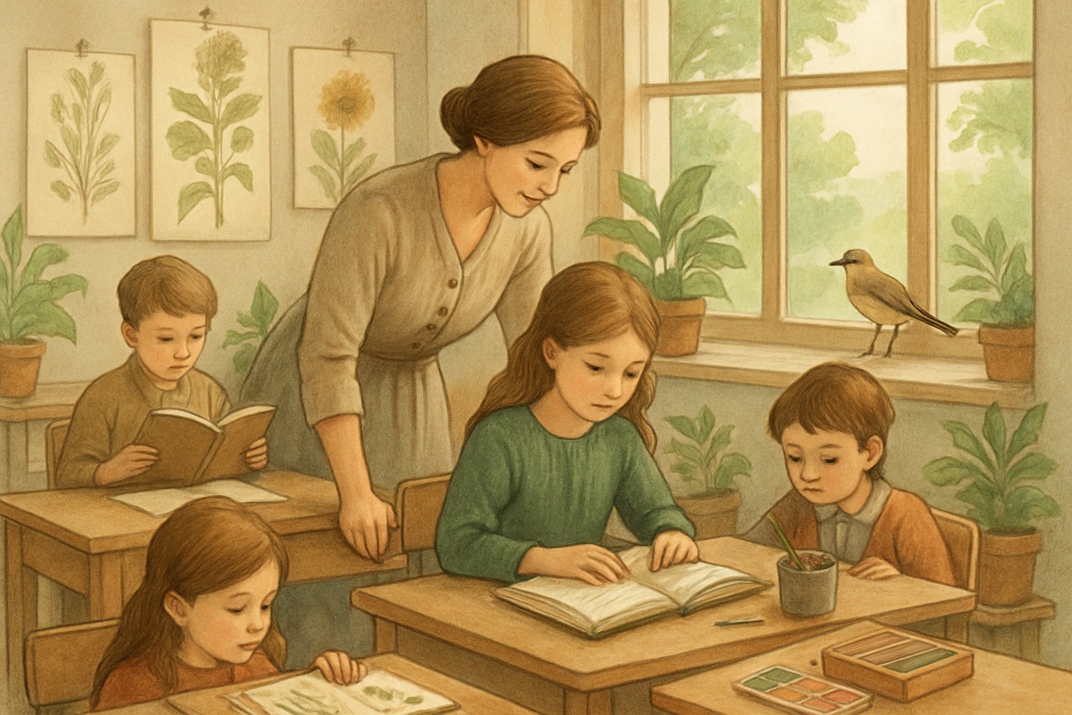 A teacher guiding children in a bright study area with books and plants, emphasizing nature and learning.