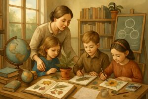 A teacher guiding children in a bright classroom filled with books, plants, and nature materials, illustrating a nurturing and nature-based learning environment.