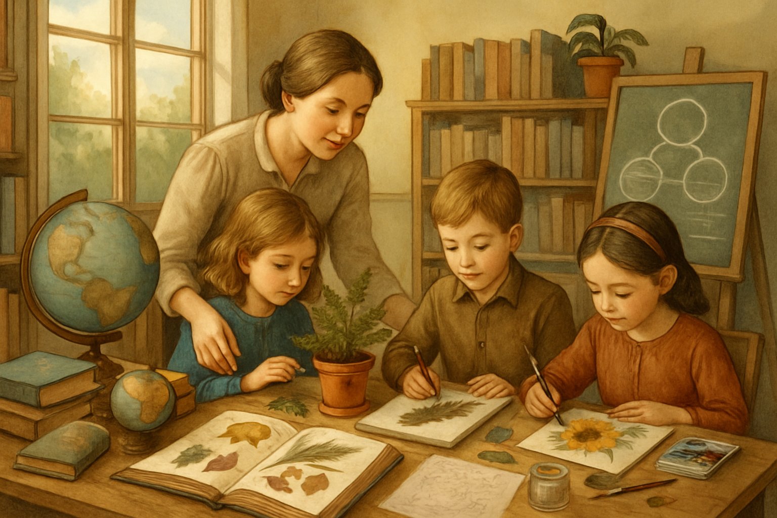 A teacher guiding children in a bright classroom filled with books, plants, and nature materials, illustrating a nurturing and nature-based learning environment.