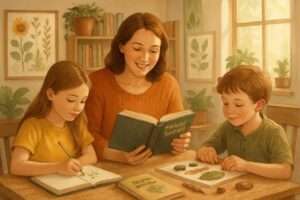A mother and two children learning together at a table with nature materials and books in a bright homeschool room.