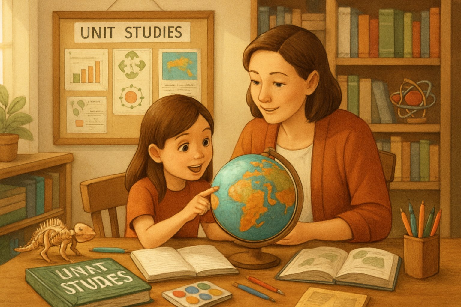 A parent and child studying together at a table with books, maps, and educational materials in a bright room filled with learning resources.