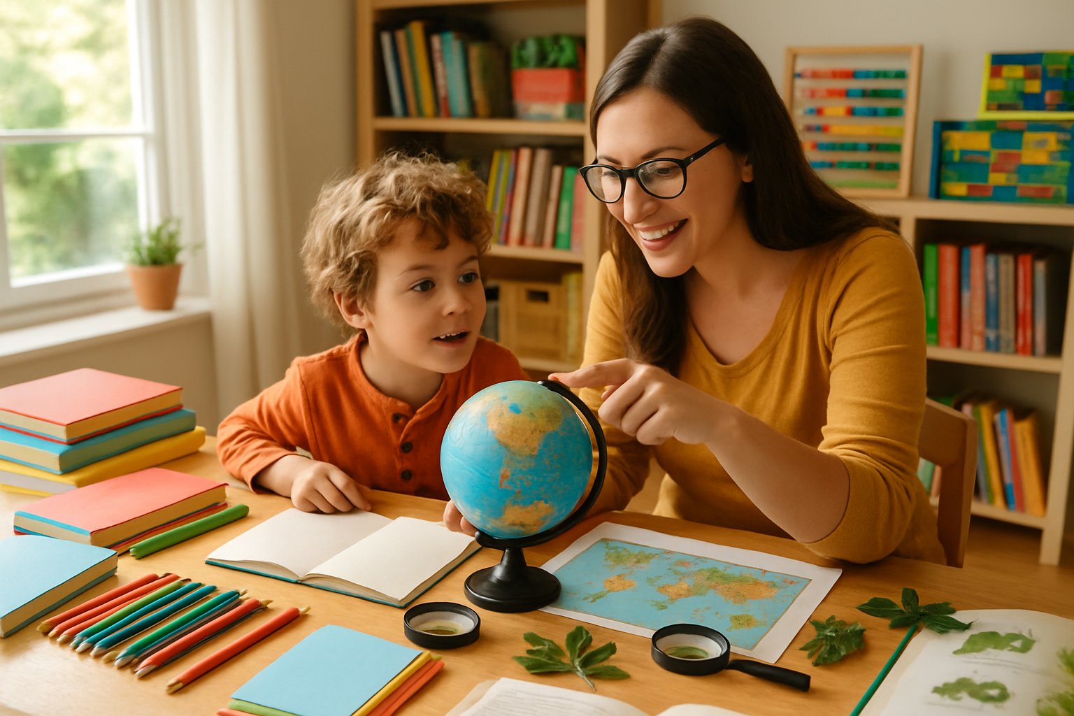 A parent and child working together at a table with books, maps, and science tools in a bright homeschool classroom.