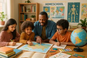 A family gathered around a table with books, maps, and art supplies, engaged in a homeschool learning activity.
