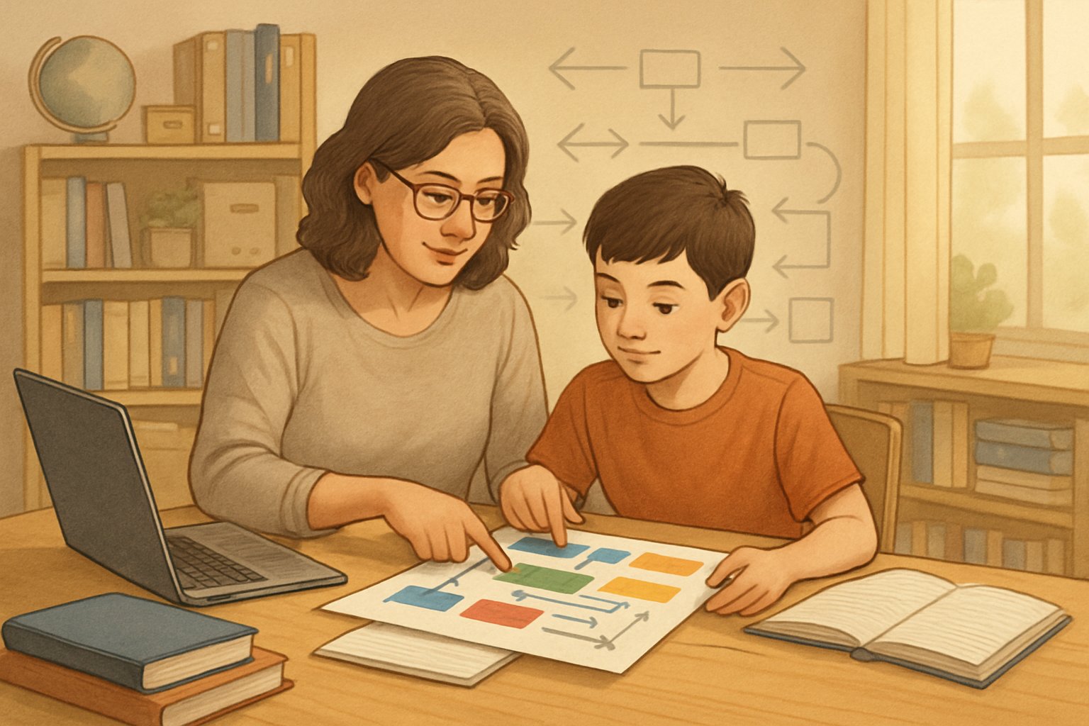 A parent and child sitting at a table with educational materials, reviewing a curriculum planner together in a bright and organized homeschooling space.