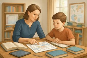 A parent and child sitting at a table with educational materials, planning a smooth transition between homeschool curriculums in a bright, organized room.