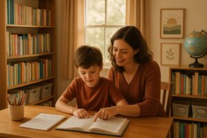 A parent and child studying together in a cozy home study room with bookshelves and educational materials.