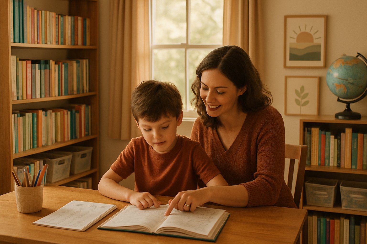 A parent and child studying together in a cozy home study room with bookshelves and educational materials.