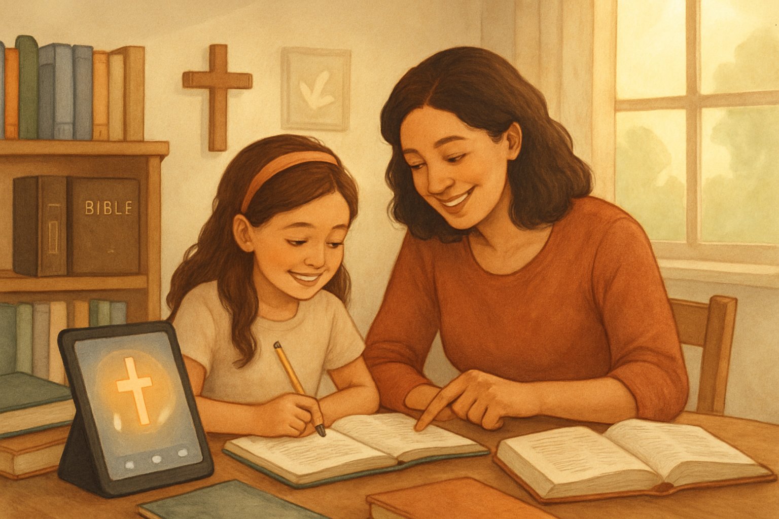 A parent and child learning together at a table surrounded by books and religious symbols in a cozy homeschooling setting.
