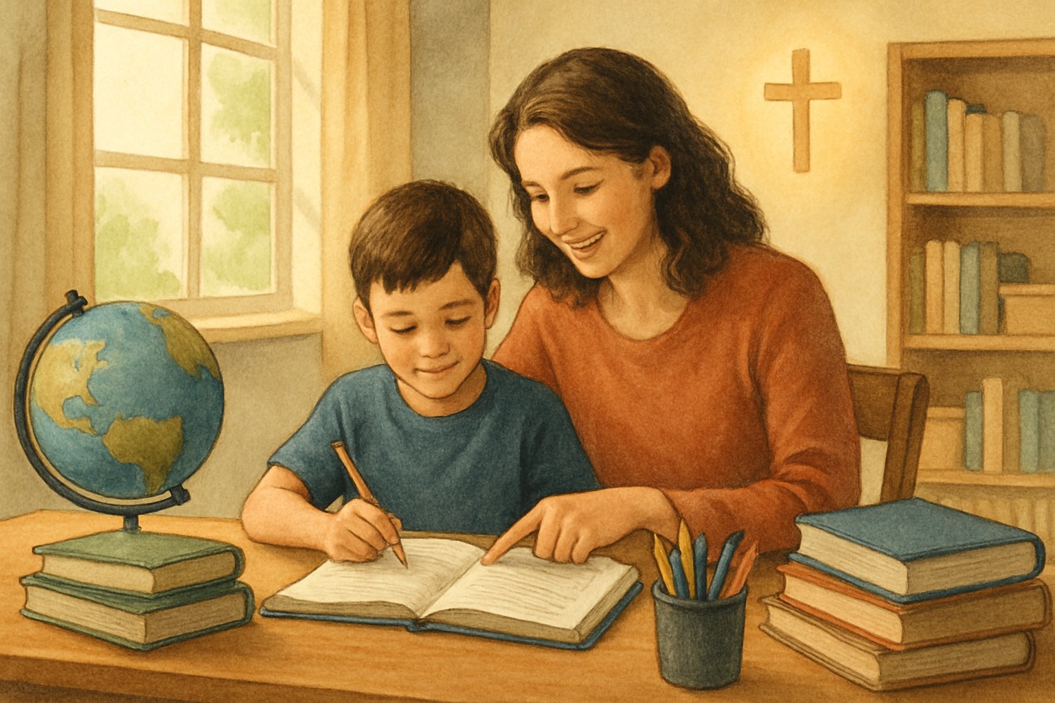 A parent and child studying together at a table with books and educational materials in a bright room with a window.