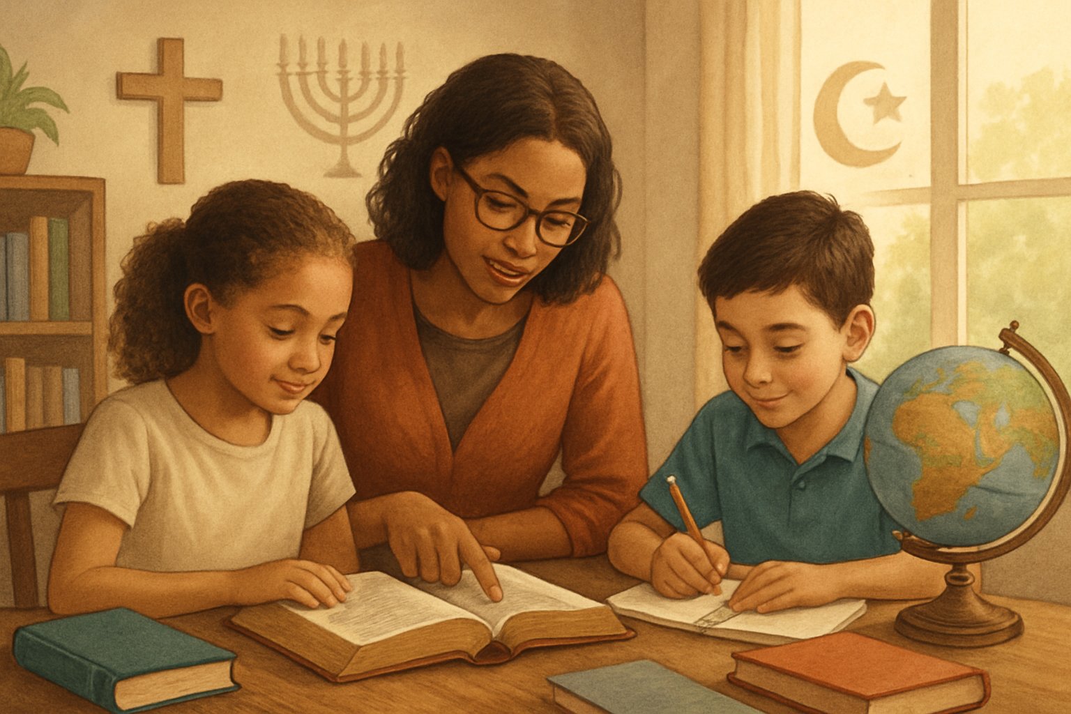 A family learning together at a table in a bright room with books and educational materials, surrounded by subtle symbols representing different faiths.