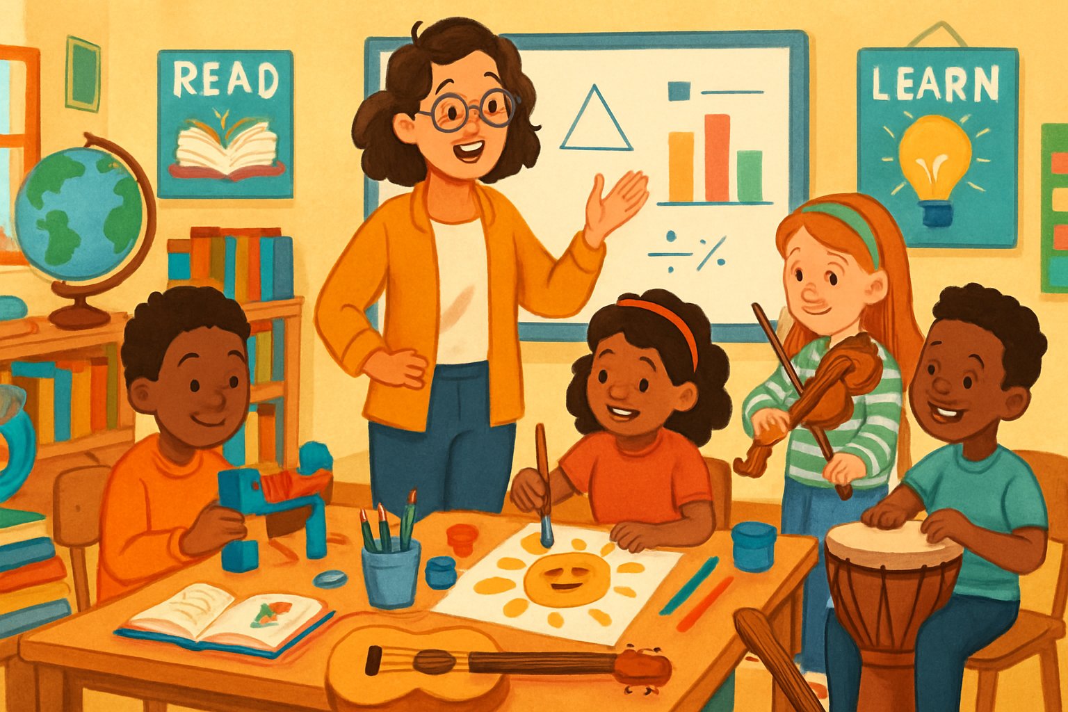 Students and a teacher engaging in creative learning activities in a lively classroom filled with books, art supplies, and educational materials.