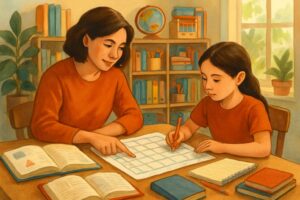 A parent and child working together at a desk filled with books and school supplies, planning for the upcoming homeschool year in a bright study room.