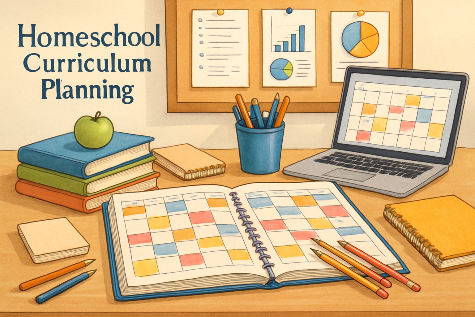A workspace with an open planner, textbooks, and a laptop showing a calendar, surrounded by lesson plans and charts on a board.