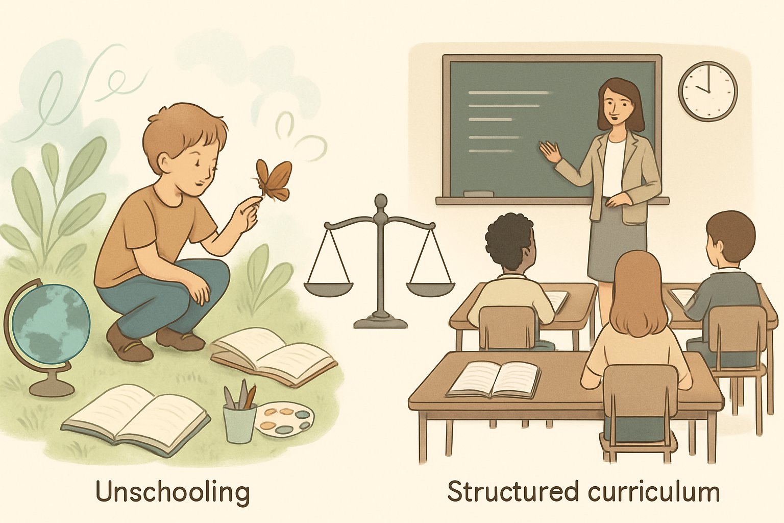 A child exploring nature and creative activities on one side and a classroom with a teacher and students on the other, with a visual element symbolizing balance between the two educational approaches.