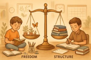 A child exploring nature and creative activities on one side, and another child studying with books and a checklist on the other, balanced by a scale symbolizing harmony between freedom and structure in homeschooling.