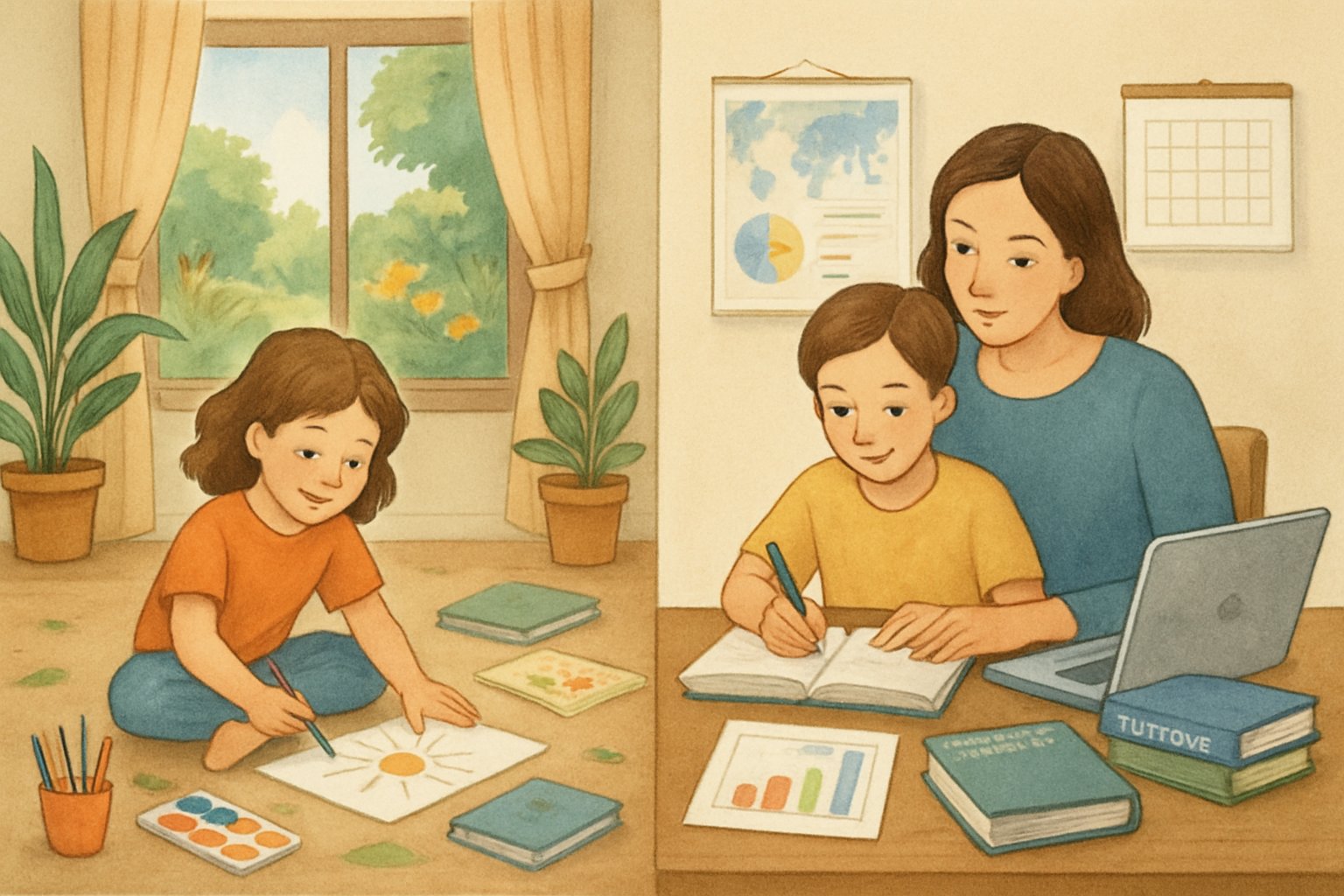 A family learning space showing a child playing creatively and another child studying with a parent, illustrating a balance between unschooling and structured learning.