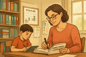 A parent and child working together in a homeschool study area, reviewing curriculum materials and schedules.
