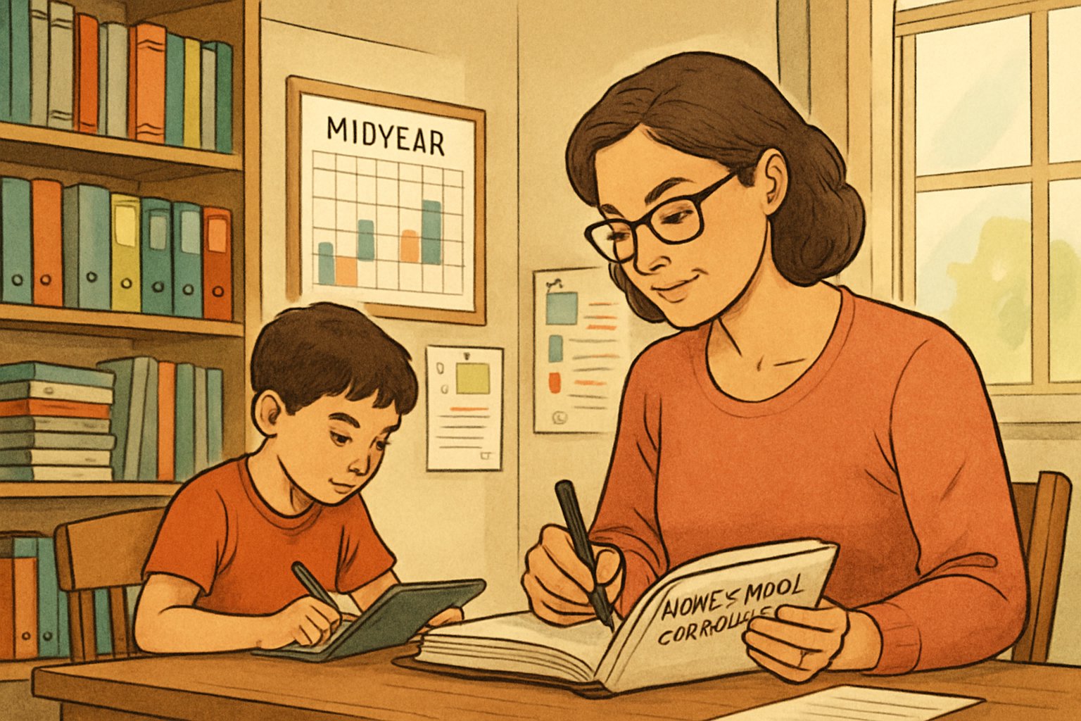 A parent and child working together in a homeschool study area, reviewing curriculum materials and schedules.